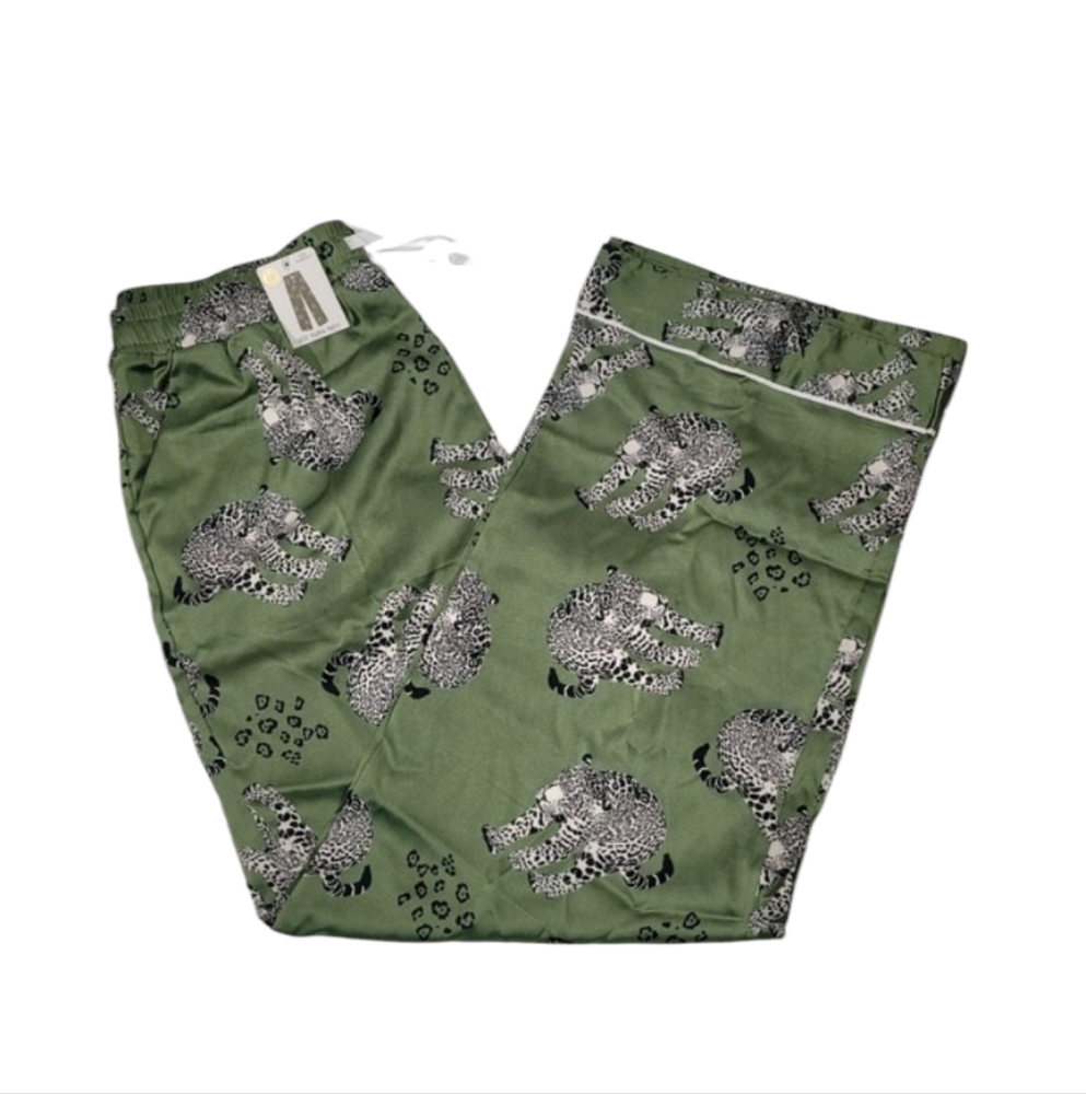 Hello Mello Loungewear Green Leopard Print Satin Pajama Pants L/XL (12-16)
